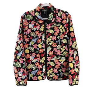 Requirements Quilted Jacket Size L Large Black Boxy Floral Fruity Print Full Zip